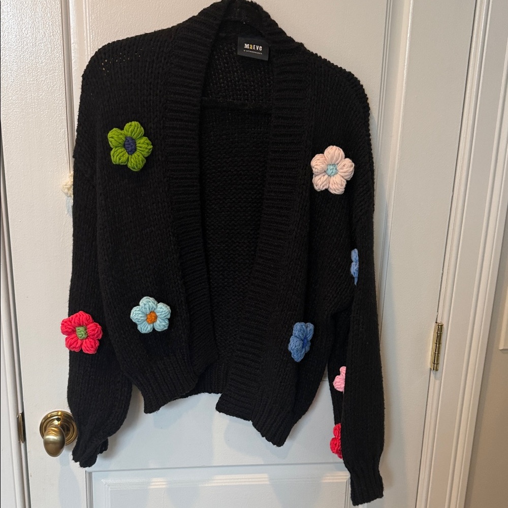 Anthropologie Black Cardigan with Colorful Floral Accents